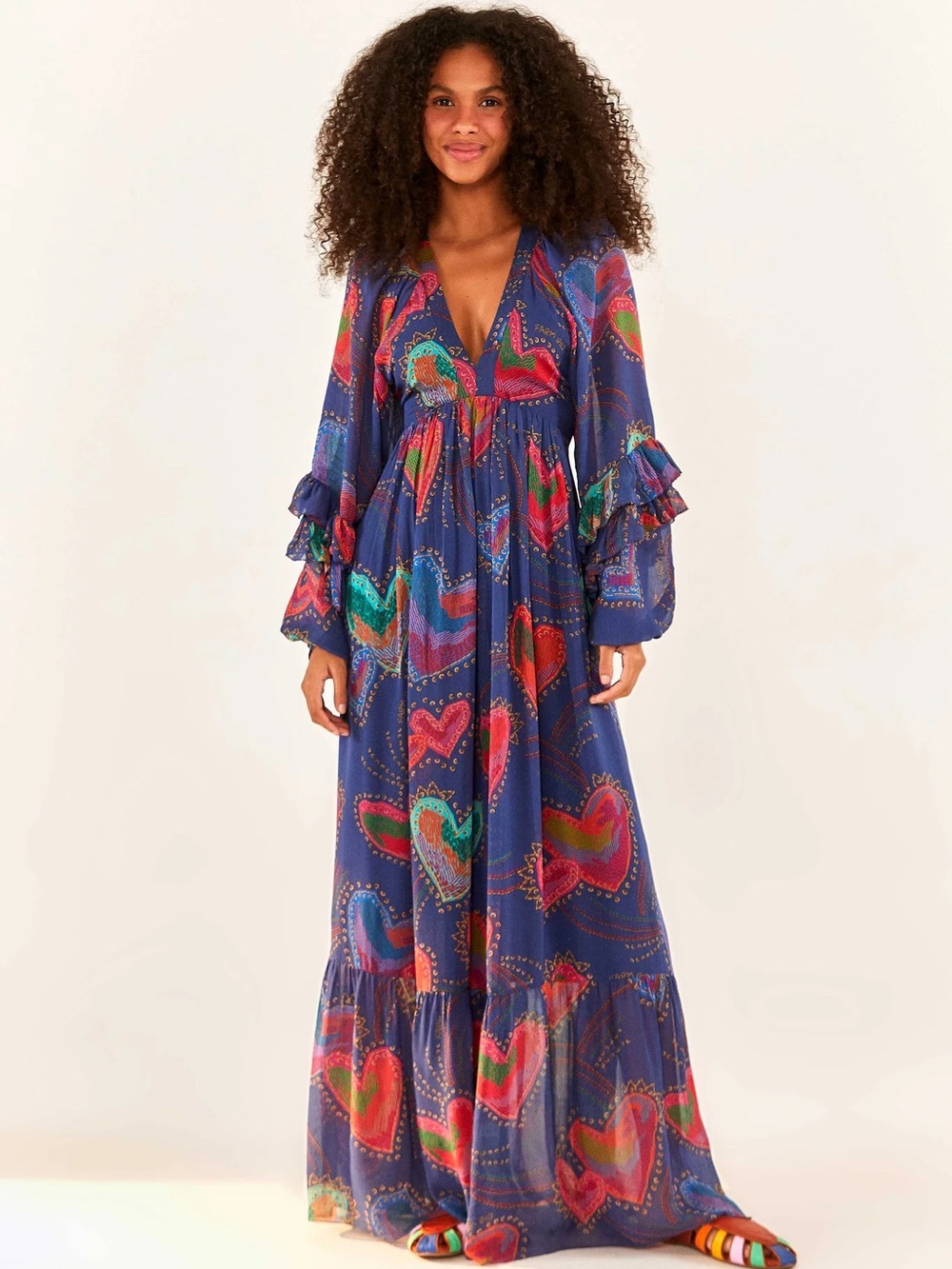FARM RIO Shiny Hearts Blue Printed Ruffle Maxi Dress Boho Colorful XS Vacation
